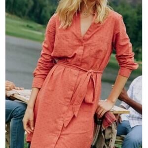 Southern Tide Kris Tie Front Button Down Shirt Dress Long Sleeve Coral XS Cotton